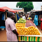 **

*Prompt:* Bustling West African marketplace scene. Colorful fabrics, fruits, and crafts are displayed.  People are trading goods.  In the background, modern buildings hint at international commerce. Overlay a subtle graph showing the euro/CFA exchange rate stability. The overall feel is a blend of traditional culture and modern economic realities. Focus: vibrant market activity and a feeling of economic exchange.

**