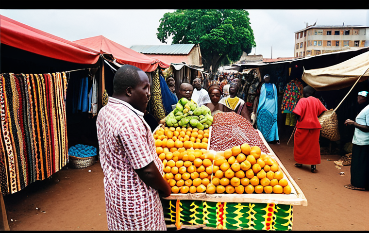 **
*Prompt:* Bustling West African marketplace scene. Colorful fabrics, fruits, and crafts are displayed. People are trading goods. In the background, modern buildings hint at international commerce. Overlay a subtle graph showing the euro/CFA exchange rate stability. The overall feel is a blend of traditional culture and modern economic realities. Focus: vibrant market activity and a feeling of economic exchange.
**