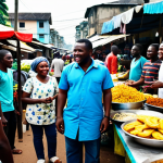 A group of diverse people in a bustling Abidjan street food market, engaging in friendly conversation around a stall selling "Alloco" (fried plantains) and grilled fish. The market is vibrant with colorful fabrics, fresh produce, and aromatic spices. Subjects are fully clothed in modest, local attire, with natural poses. The background shows blurred market activity. perfect anatomy, correct proportions, well-formed hands, proper finger count, natural body proportions, professional dress, safe for work, appropriate content, fully clothed, family-friendly, high quality, professional photography.