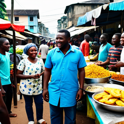 Home 6 A group of diverse people in a bustling Abidjan street food market, engaging in friendly conversation around a stall selling "Alloco" (fried plantains) and grilled fish. The market is vibrant with colorful fabrics, fresh produce, and aromatic spices. Subjects are fully clothed in modest, local attire, with natural poses. The background shows blurred market activity. perfect anatomy, correct proportions, well-formed hands, proper finger count, natural body proportions, professional dress, safe for work, appropriate content, fully clothed, family-friendly, high quality, professional photography.