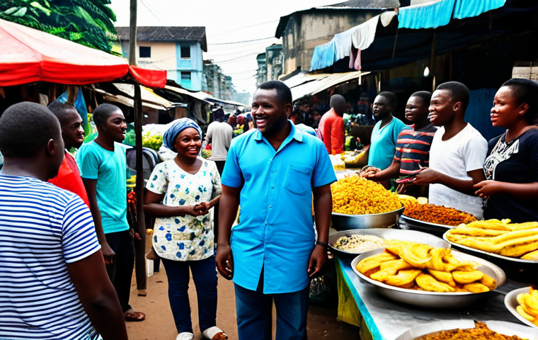 A group of diverse people in a bustling Abidjan street food market, engaging in friendly conversation around a stall selling "Alloco" (fried plantains) and grilled fish. The market is vibrant with colorful fabrics, fresh produce, and aromatic spices. Subjects are fully clothed in modest, local attire, with natural poses. The background shows blurred market activity. perfect anatomy, correct proportions, well-formed hands, proper finger count, natural body proportions, professional dress, safe for work, appropriate content, fully clothed, family-friendly, high quality, professional photography.