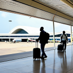 Arrival at Félix-Houphouët-Boigny Airport**

"A welcoming scene at Félix-Houphouët-Boigny International Airport in Abidjan, Ivory Coast. Focus on travelers arriving, pulling luggage. The airport terminal is visible in the background, showcasing modern architecture with African design elements. Bright daylight, clear sky. People are fully clothed in appropriate attire for travel. Safe for work, family-friendly, appropriate content, professional photography, perfect anatomy, correct proportions, natural pose."

**