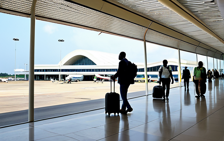 Arrival at Félix-Houphouët-Boigny Airport**

"A welcoming scene at Félix-Houphouët-Boigny International Airport in Abidjan, Ivory Coast. Focus on travelers arriving, pulling luggage. The airport terminal is visible in the background, showcasing modern architecture with African design elements. Bright daylight, clear sky. People are fully clothed in appropriate attire for travel. Safe for work, family-friendly, appropriate content, professional photography, perfect anatomy, correct proportions, natural pose."

**