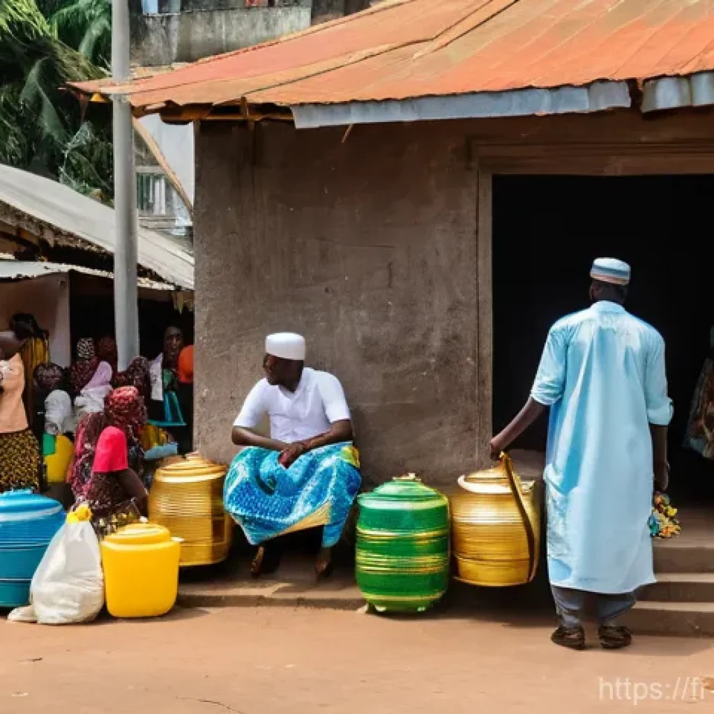 코트디부아르 이슬람 문화와 라마단 - A vibrant street scene in Abidjan during Shaaban, the month preceding Ramadan, bustling with joyful ...