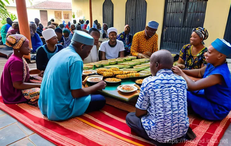 코트디부아르 이슬람 문화와 라마단 - A vibrant street scene in Abidjan during Shaaban, the month preceding Ramadan, bustling with joyful ...