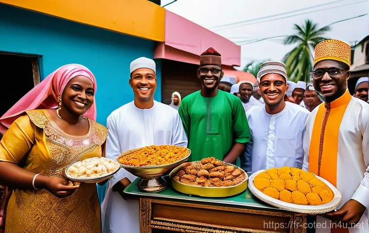 코트디부아르 이슬람 문화와 라마단 - An heartwarming communal Iftar scene taking place inside or just outside a mosque in Abidjan. Multip...