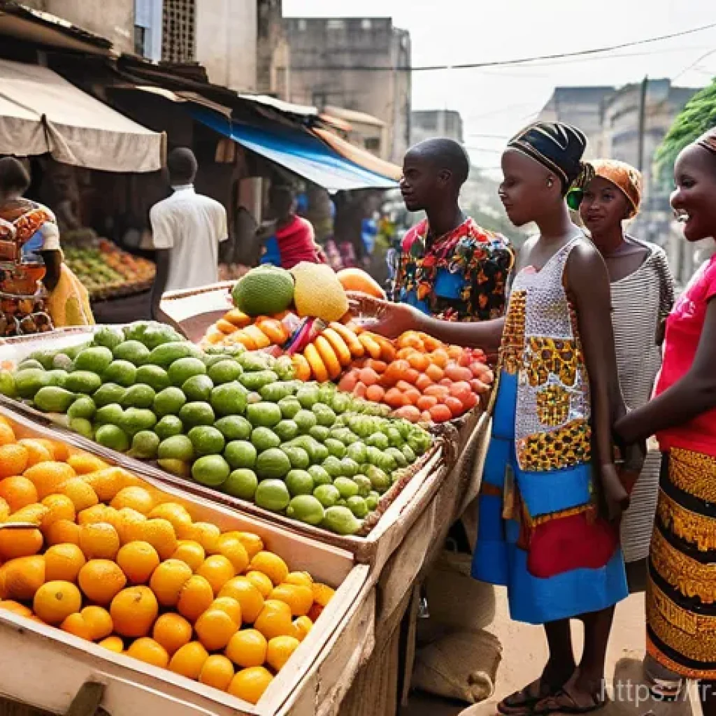 코트디부아르 워킹홀리데이 비자 가능 여부 - **Prompt:** A vibrant, sun-drenched street market scene in Abidjan, Côte d'Ivoire, alive with friend...
