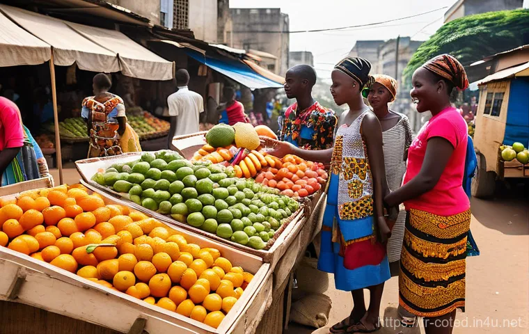 코트디부아르 워킹홀리데이 비자 가능 여부 - **Prompt:** A vibrant, sun-drenched street market scene in Abidjan, Côte d'Ivoire, alive with friend...