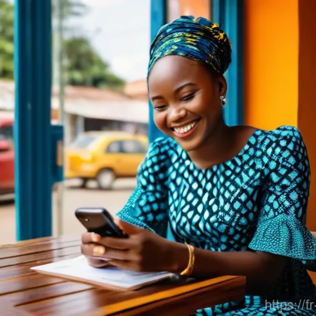 코트디부아르에서 해외 송금하는 법 - A cheerful young Ivorian woman in her late 20s, dressed in stylish yet modest contemporary African p...
