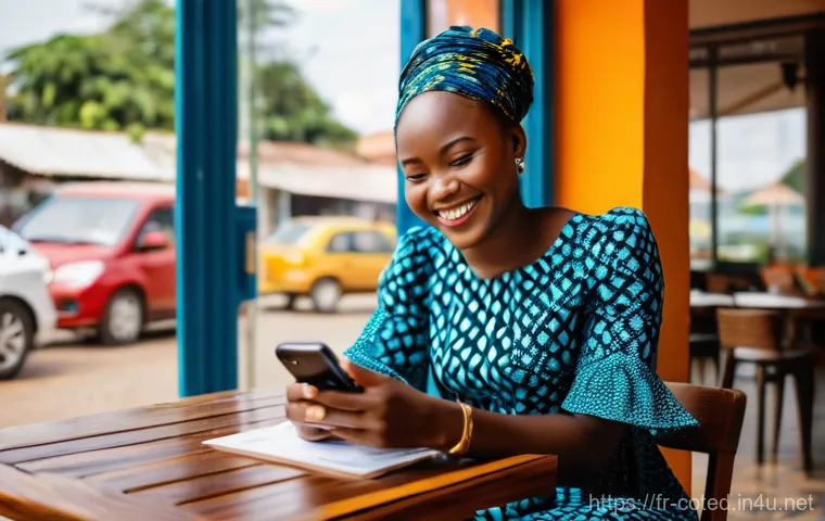 코트디부아르에서 해외 송금하는 법 - A cheerful young Ivorian woman in her late 20s, dressed in stylish yet modest contemporary African p...