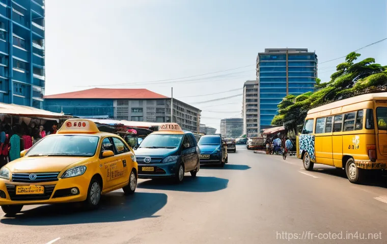 코트디부아르 교환학생 프로그램 - **Abidjan's Dynamic Urban Energy:**
A vibrant, wide-angle shot of a bustling street scene in Abi...