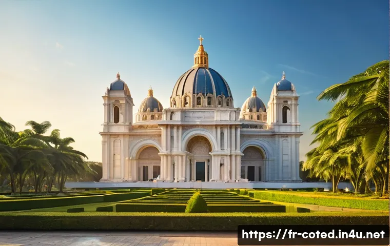 코트디부아르 야무수크로 관광지 - **Prompt 1: Majestic Basilica in Golden Light**
"A grand, majestic exterior view of the Basilica...
