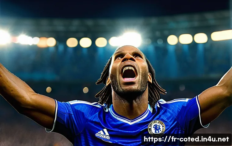 코트디부아르 디디에 드로그바 업적 - **Iconic Football Triumphs:**
"A photorealistic, dynamic shot of Didier Drogba in his prime, wea...