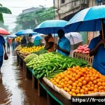 Home 22 코트디부아르 우기와 건기 차이 - **"A vibrant Côte d'Ivoire street scene during the intense rainy season. Lush, verdant foliage frame...