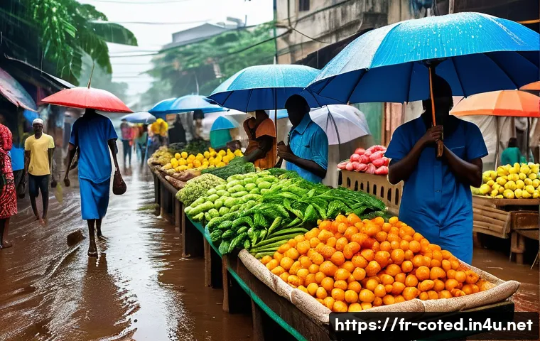 코트디부아르 우기와 건기 차이 - **"A vibrant C&ocirc;te d'Ivoire street scene during the intense rainy season. Lush, verdant foliage frame...