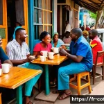 Home 21 코트디부아르 카페 문화와 로컬 맛집 - A vibrant street scene in an Abidjan neighborhood café during the late afternoon, showcasing local I...