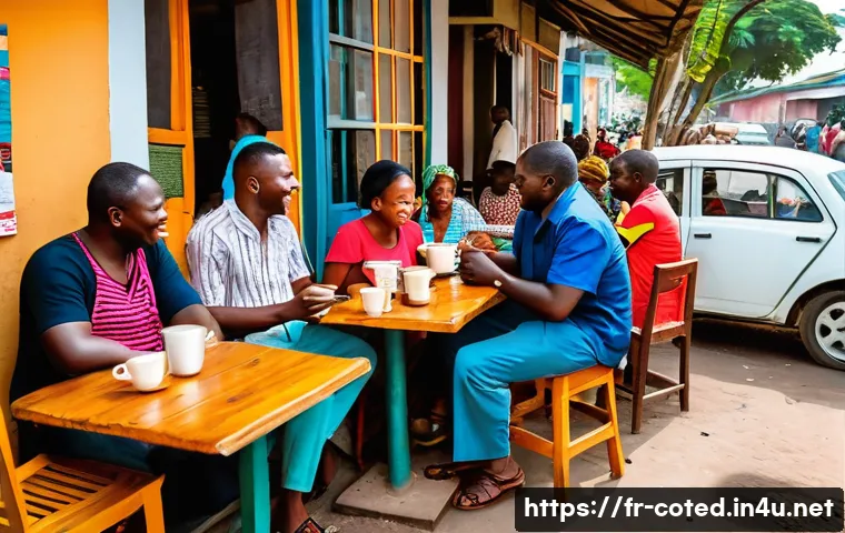 코트디부아르 카페 문화와 로컬 맛집 - A vibrant street scene in an Abidjan neighborhood caf&eacute; during the late afternoon, showcasing local I...
