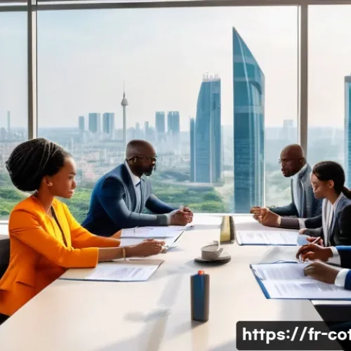 Home 32 코트디부아르 이민 정책 - A professional office scene in Abidjan, Ivory Coast, showing a diverse group of expatriate workers a...