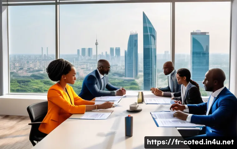 코트디부아르 이민 정책 - A professional office scene in Abidjan, Ivory Coast, showing a diverse group of expatriate workers a...