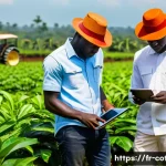 Home 19 코트디부아르 노동 시장 현황 - A vibrant modern Ivorian farm scene showing young farmers using digital tablets and drones to monito...