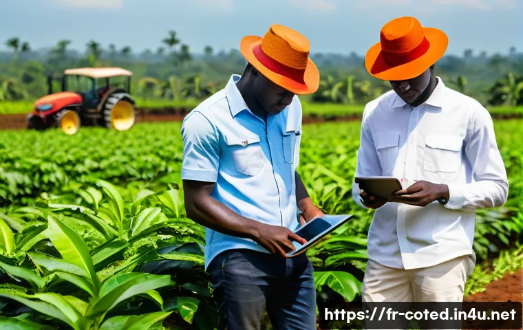 코트디부아르 노동 시장 현황 - A vibrant modern Ivorian farm scene showing young farmers using digital tablets and drones to monito...