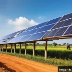 Home 18 코트디부아르 인프라 발전 계획 - A vibrant rural scene in Côte d’Ivoire showcasing a large solar panel farm under a bright blue sky, ...