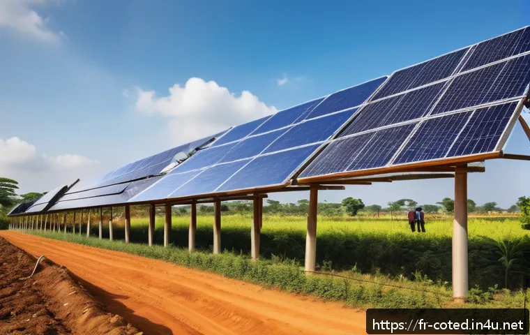코트디부아르 인프라 발전 계획 - A vibrant rural scene in C&ocirc;te d&rsquo;Ivoire showcasing a large solar panel farm under a bright blue sky, ...