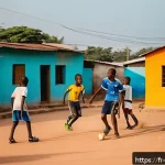 Home 23 코트디부아르 유명 축구 선수 - A vibrant street football scene in an Ivorian neighborhood during golden hour, showing diverse child...
