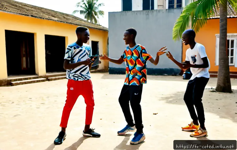 Home 17 코트디부아르 청소년 문화 트렌드 - Photorealistic editorial scene of Ivorian teenagers in Abidjan creating short dance videos together ...