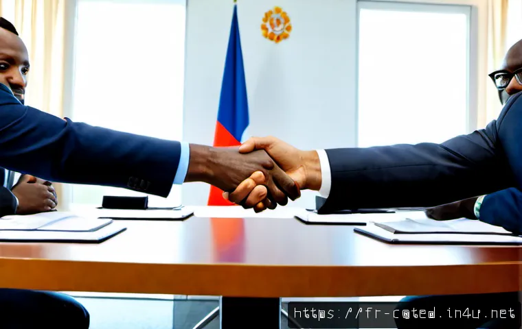 코트디부아르 프랑스와의 관계 - Photorealistic diplomatic meeting between an Ivorian and a French representative in a bright modern ...