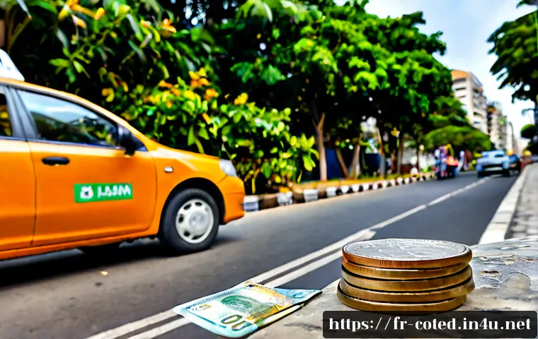 코트디부아르 택시 요금과 팁 문화 - Photorealistic Abidjan street scene, an orange city taxi stopped at the curb, middle-aged French-spe...