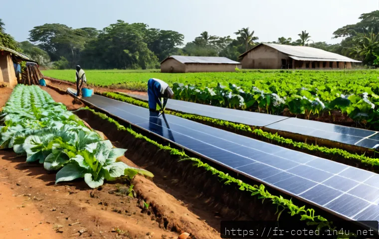 Home 17 코트디부아르 친환경 프로젝트 - Photorealistic sustainable community project in Côte d’Ivoire, wide-angle view of a solar-powered ir...