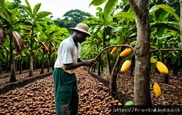 Home 17 코트디부아르 코코아 생산 세계 1위 - Photorealistic wide-angle view of a lush cocoa plantation in Côte d’Ivoire, ripe orange and yellow c...